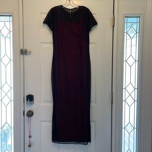 Sheer black Patrick Collection gown, fuchsia lining with floral beading, size 4